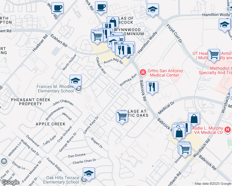 map of restaurants, bars, coffee shops, grocery stores, and more near 6020 Danny Kaye Drive in San Antonio
