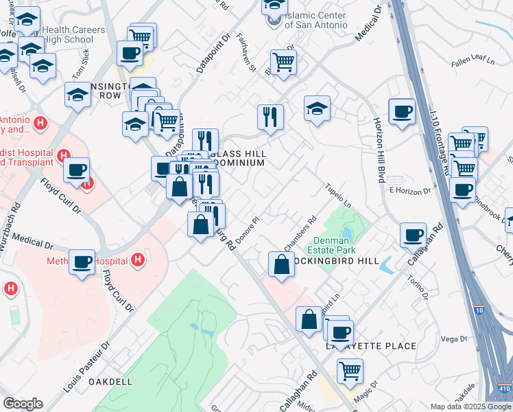 map of restaurants, bars, coffee shops, grocery stores, and more near 7923 Donore Place in San Antonio