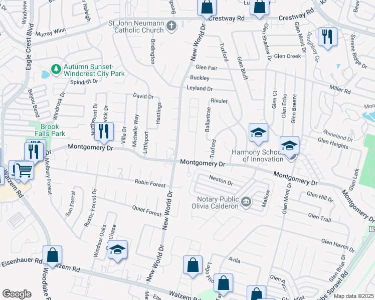 map of restaurants, bars, coffee shops, grocery stores, and more near 6733 Montgomery Drive in San Antonio