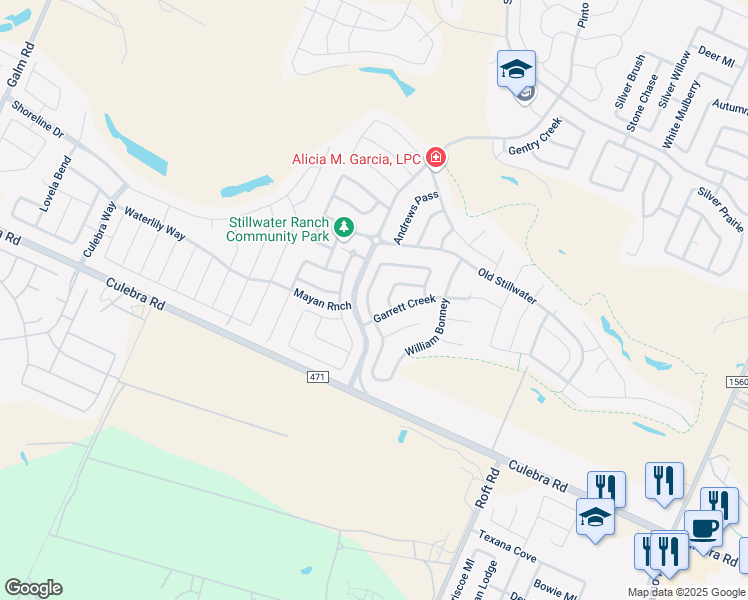 map of restaurants, bars, coffee shops, grocery stores, and more near 7826 Kings Spring in San Antonio