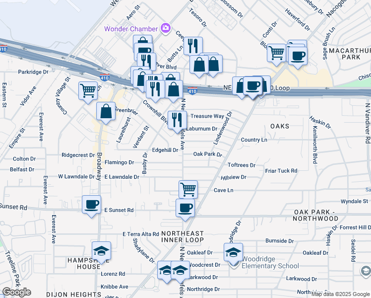 map of restaurants, bars, coffee shops, grocery stores, and more near 111 Oakhurst Place in San Antonio
