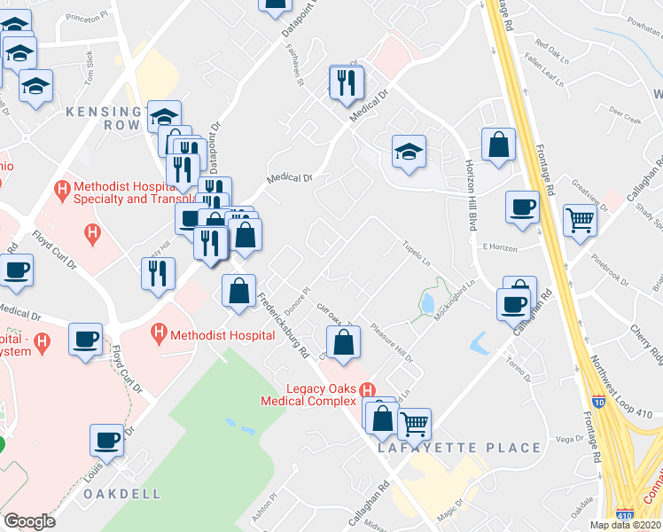 map of restaurants, bars, coffee shops, grocery stores, and more near 5 Donore Square in San Antonio