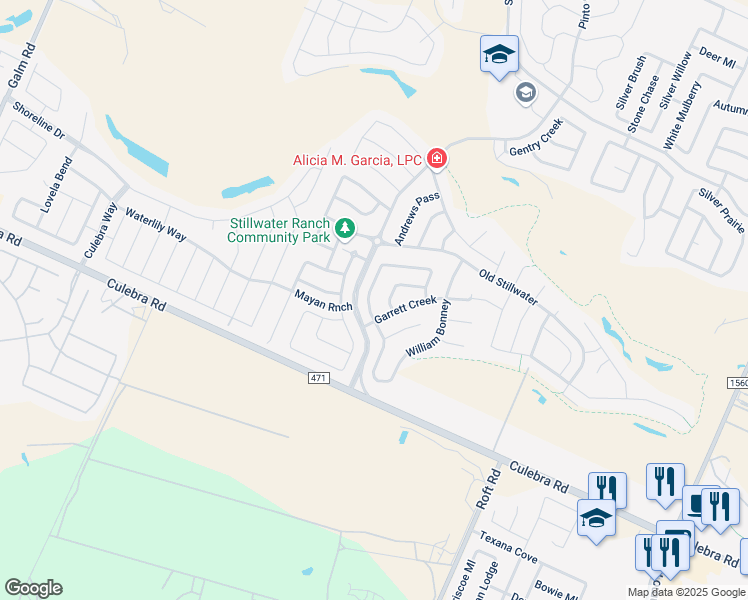 map of restaurants, bars, coffee shops, grocery stores, and more near 7826 Kings Spring in San Antonio