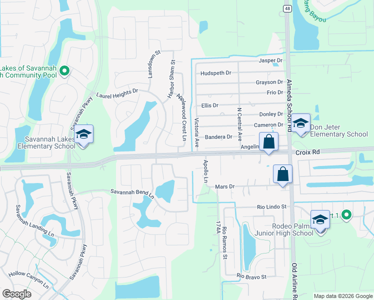 map of restaurants, bars, coffee shops, grocery stores, and more near 4938 Applewood Crest Lane in Rosharon
