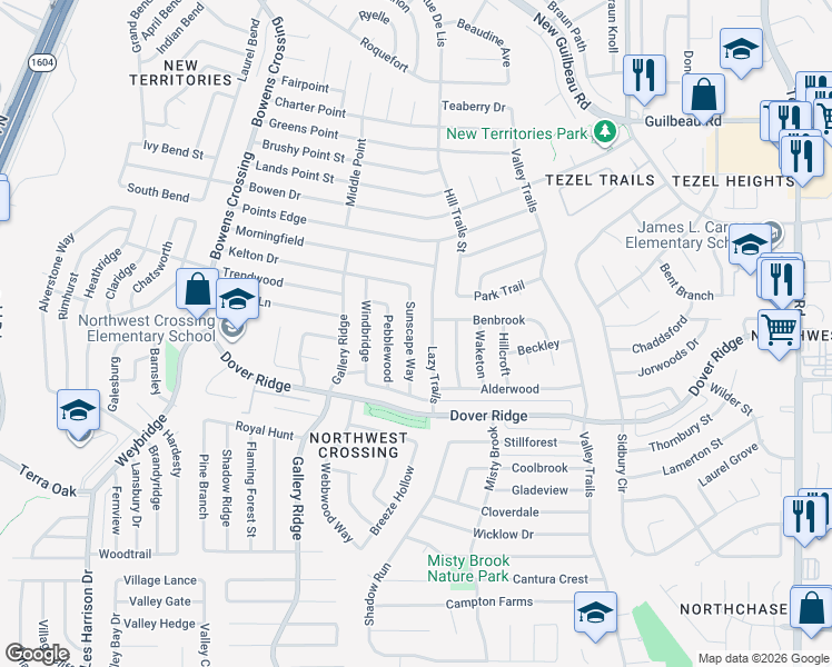map of restaurants, bars, coffee shops, grocery stores, and more near 7403 Sunscape Way in San Antonio