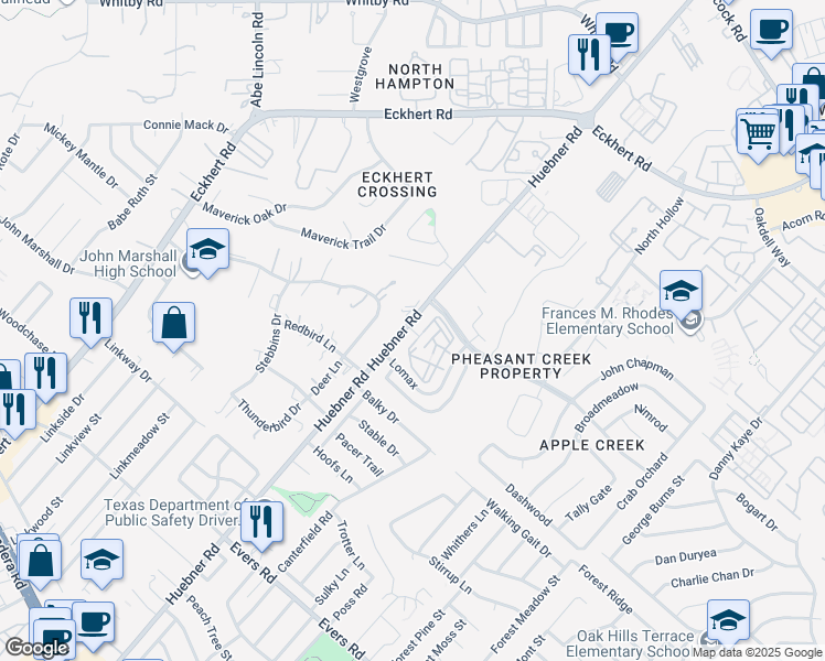 map of restaurants, bars, coffee shops, grocery stores, and more near 7838 Huebner Road in San Antonio
