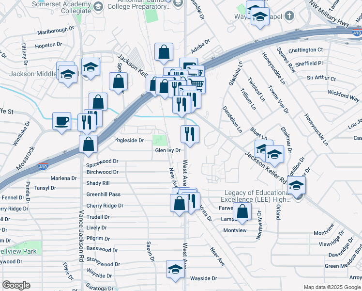 map of restaurants, bars, coffee shops, grocery stores, and more near 5005 West Avenue in San Antonio