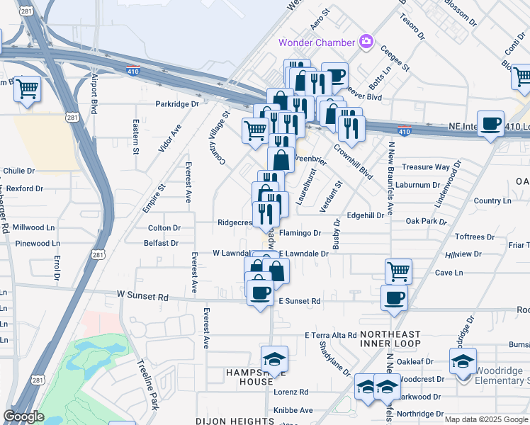 map of restaurants, bars, coffee shops, grocery stores, and more near 8222 Broadway in San Antonio