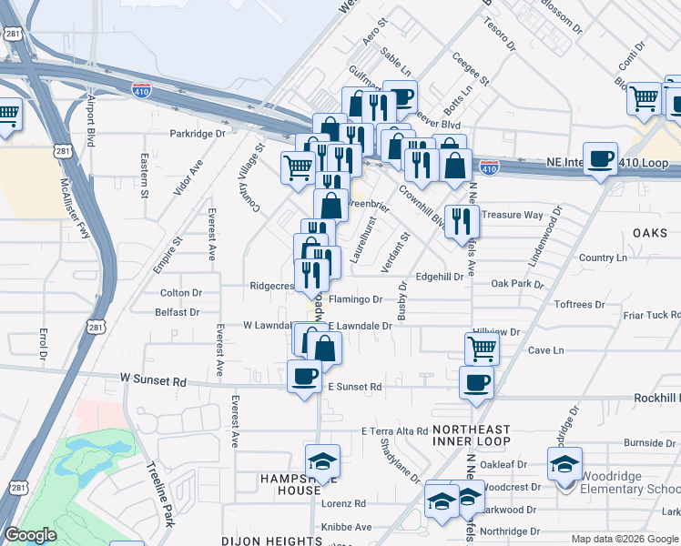 map of restaurants, bars, coffee shops, grocery stores, and more near 8203 Laurelhurst Drive in San Antonio
