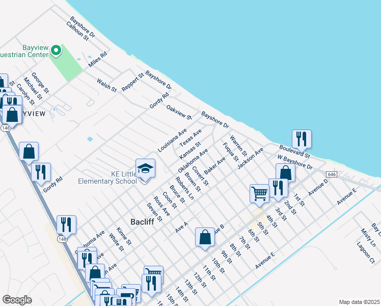map of restaurants, bars, coffee shops, grocery stores, and more near 315 Kansas Street in Bacliff