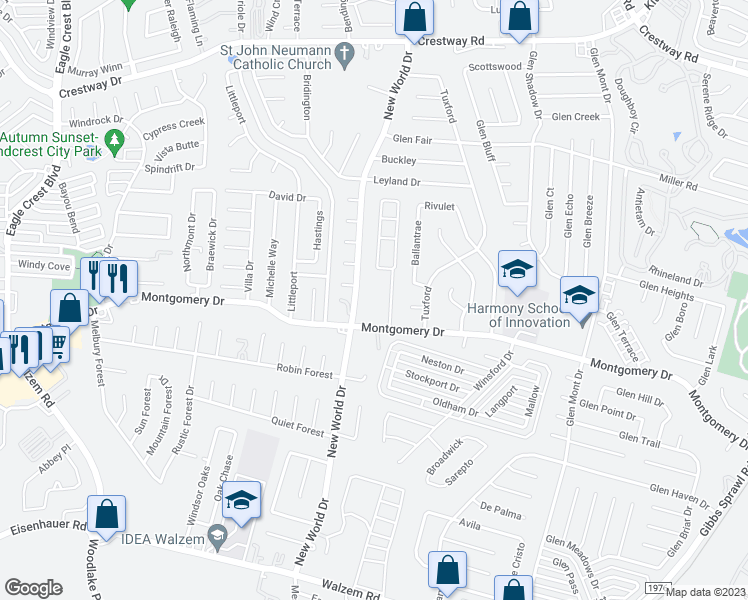 map of restaurants, bars, coffee shops, grocery stores, and more near 8226 New World Drive in San Antonio