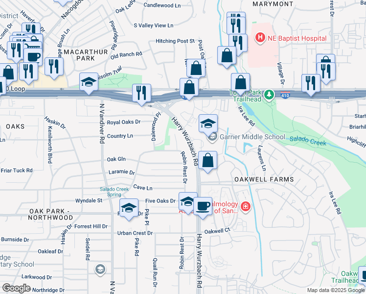map of restaurants, bars, coffee shops, grocery stores, and more near 8210 Robin Rest Drive in San Antonio