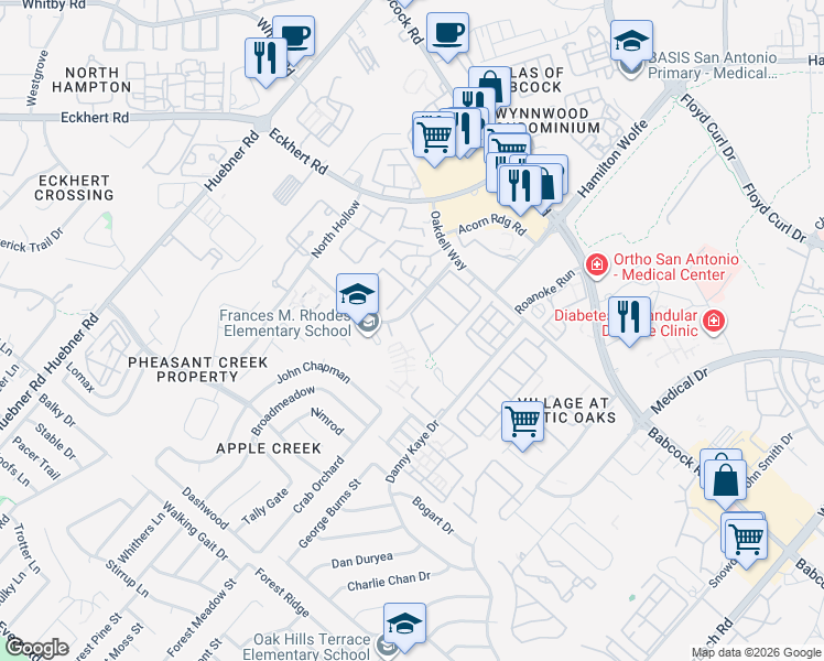 map of restaurants, bars, coffee shops, grocery stores, and more near 5735 North Knoll in San Antonio
