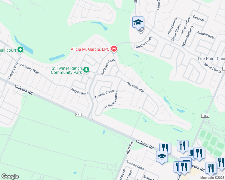 map of restaurants, bars, coffee shops, grocery stores, and more near 12411 Antelope Creek in San Antonio