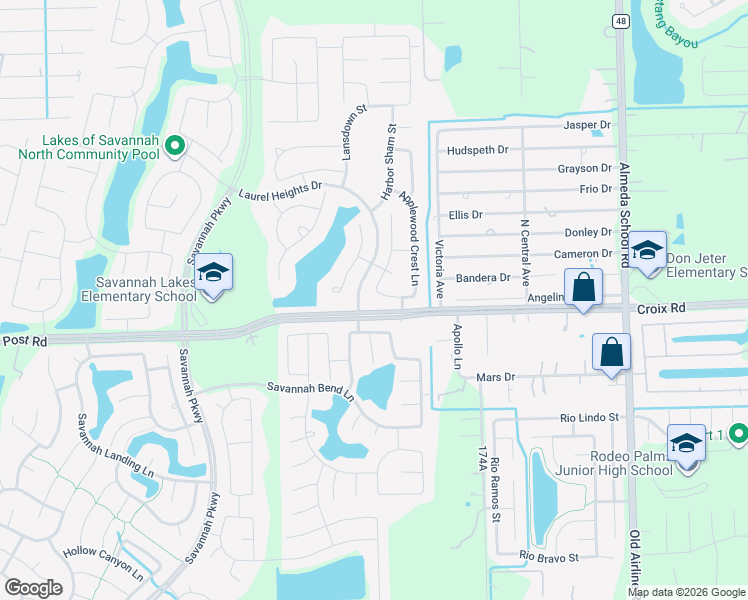 map of restaurants, bars, coffee shops, grocery stores, and more near 4938 Sunset Park Lane in Rosharon