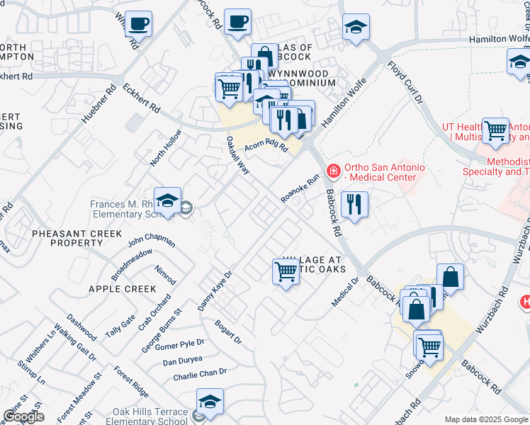 map of restaurants, bars, coffee shops, grocery stores, and more near 6020 Danny Kaye Drive in San Antonio