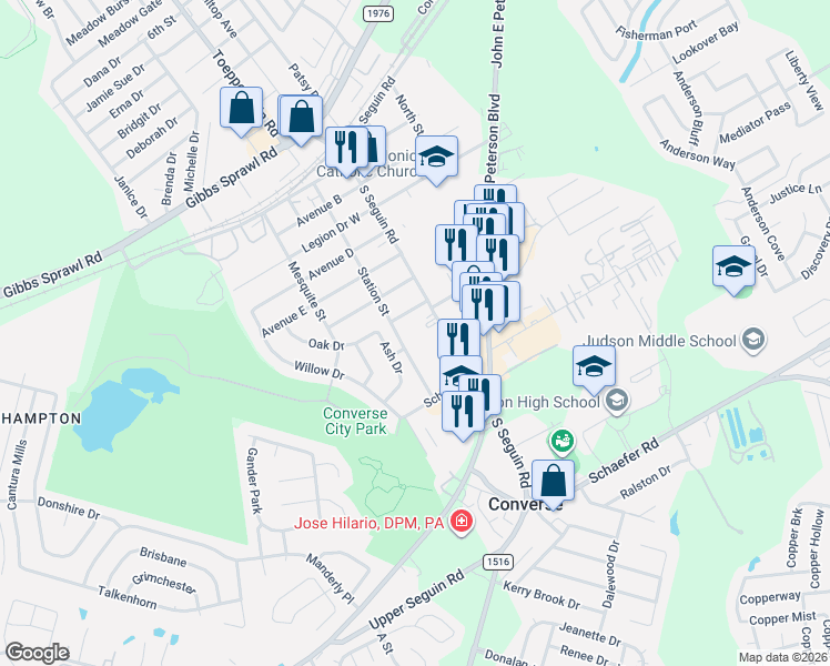 map of restaurants, bars, coffee shops, grocery stores, and more near 110 Avenue G in Converse