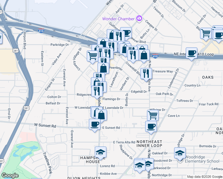 map of restaurants, bars, coffee shops, grocery stores, and more near 8300 Laurelhurst Drive in San Antonio