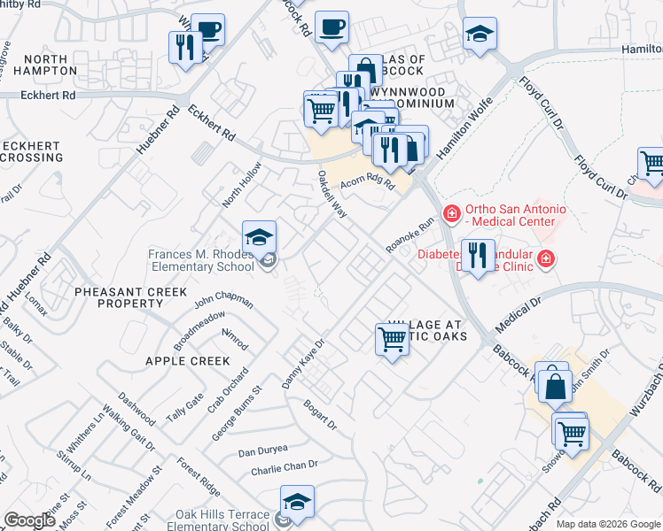 map of restaurants, bars, coffee shops, grocery stores, and more near 7815 Bantry Court in San Antonio