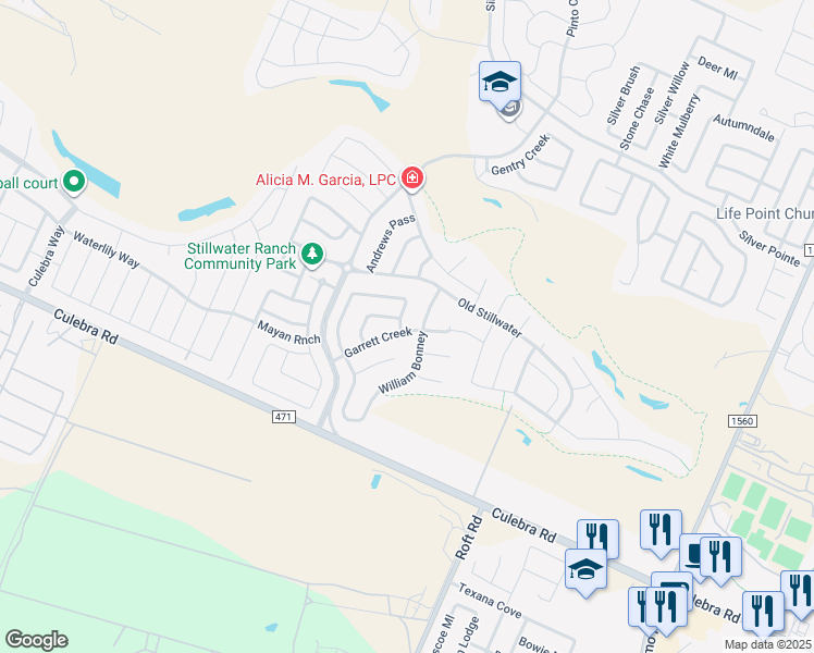 map of restaurants, bars, coffee shops, grocery stores, and more near 12411 Antelope Creek in San Antonio