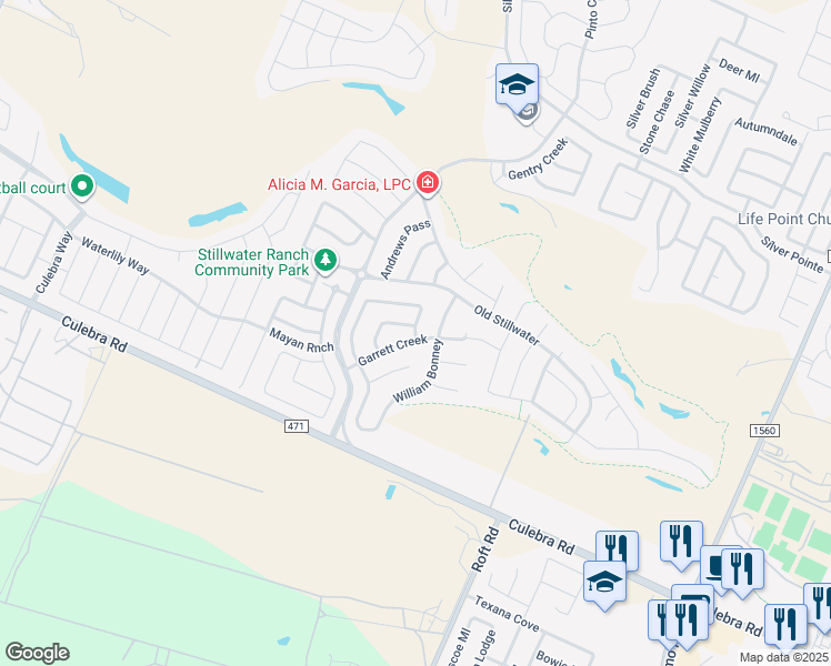 map of restaurants, bars, coffee shops, grocery stores, and more near 19839 Clayton Creek in San Antonio