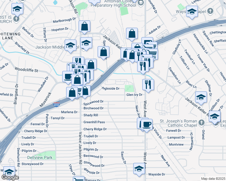 map of restaurants, bars, coffee shops, grocery stores, and more near 2335 Ingleside Drive in San Antonio