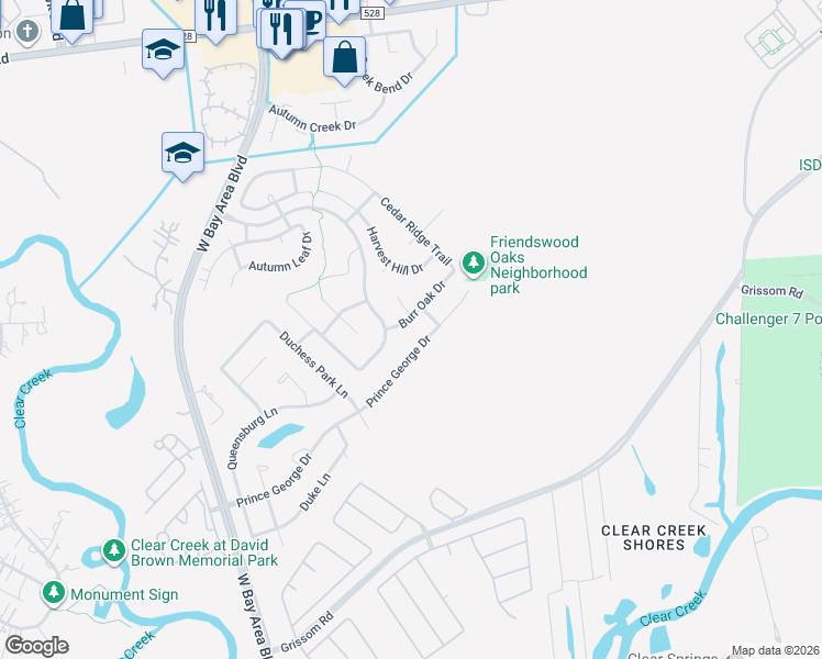map of restaurants, bars, coffee shops, grocery stores, and more near 2901 Burr Oak Drive in Friendswood