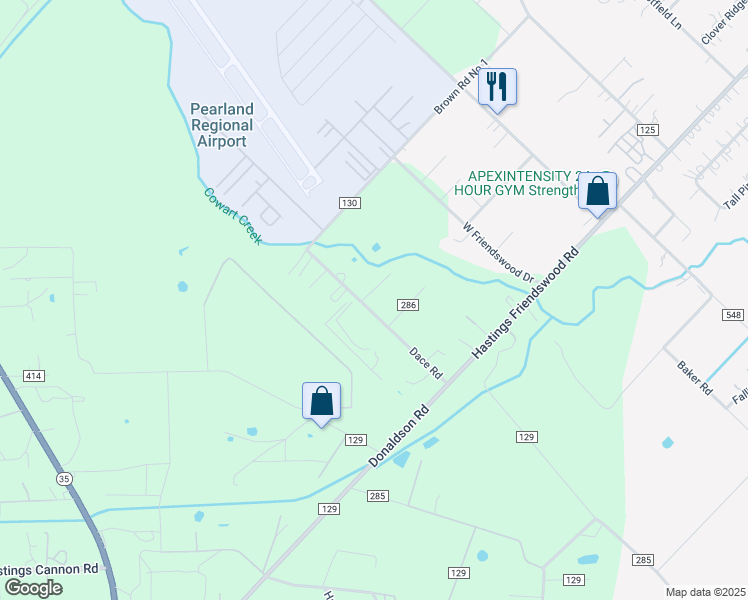 map of restaurants, bars, coffee shops, grocery stores, and more near 18203 Dace Road in Alvin