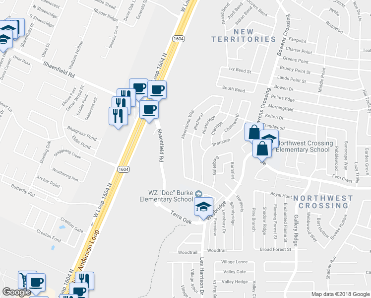 map of restaurants, bars, coffee shops, grocery stores, and more near 7518 Alverstone Way in San Antonio