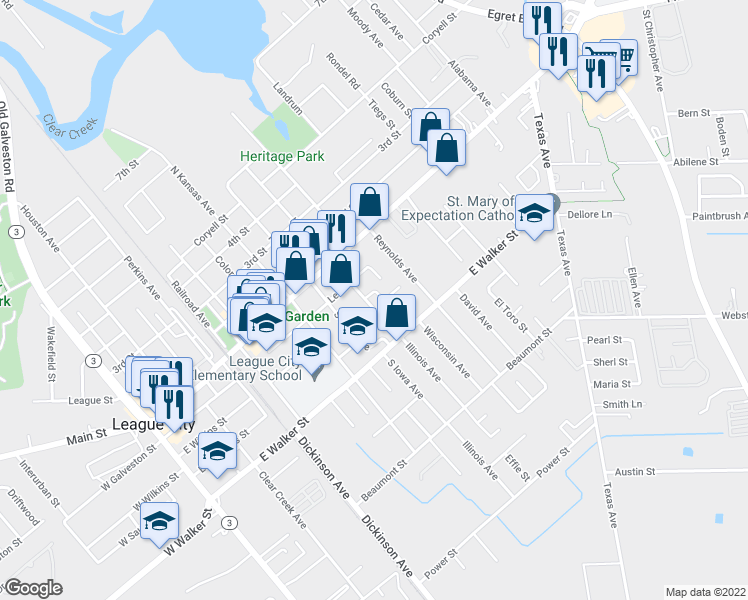 map of restaurants, bars, coffee shops, grocery stores, and more near 300 Illinois Avenue in League City