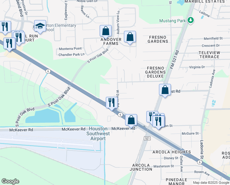 map of restaurants, bars, coffee shops, grocery stores, and more near 4959 Davis Road in Rosharon