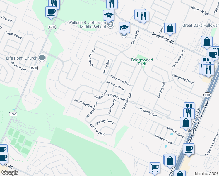 map of restaurants, bars, coffee shops, grocery stores, and more near 7726 Barhill Post in San Antonio