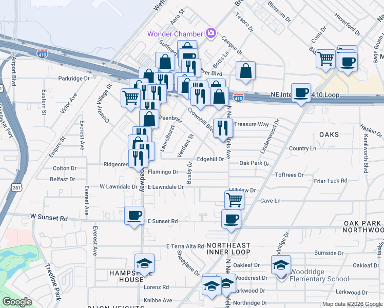 map of restaurants, bars, coffee shops, grocery stores, and more near 322 Busby Drive in San Antonio