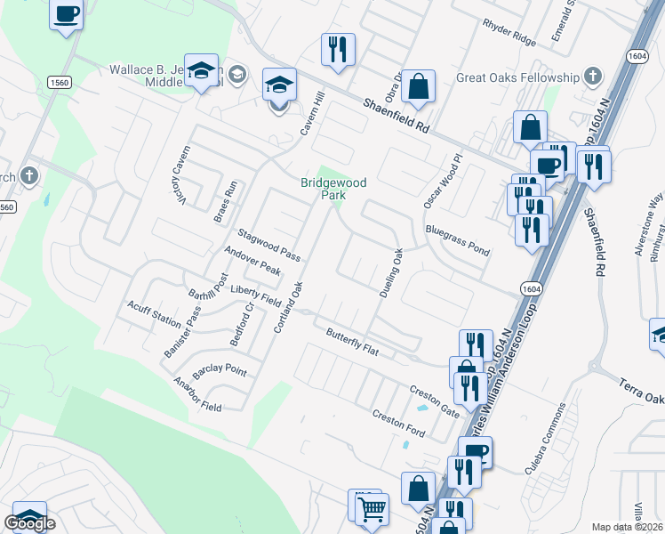 map of restaurants, bars, coffee shops, grocery stores, and more near 7819 Clipper Pass in San Antonio