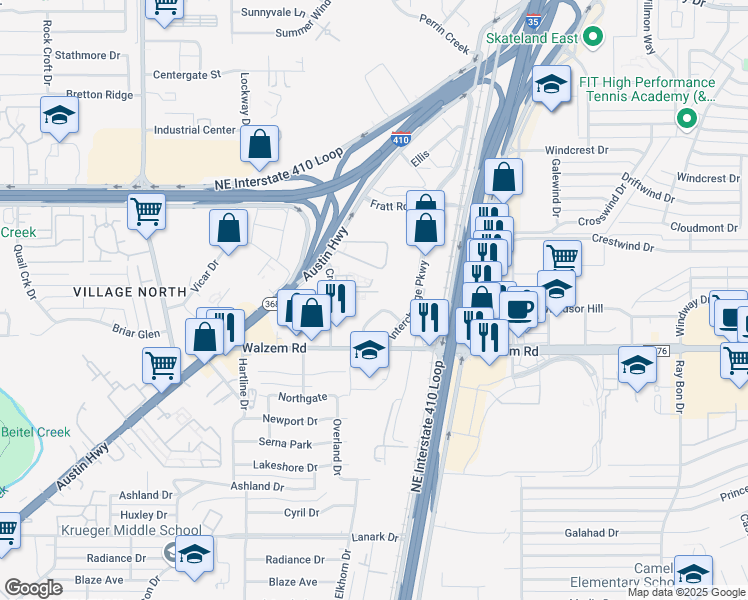 map of restaurants, bars, coffee shops, grocery stores, and more near 8150 Cross Creek in San Antonio