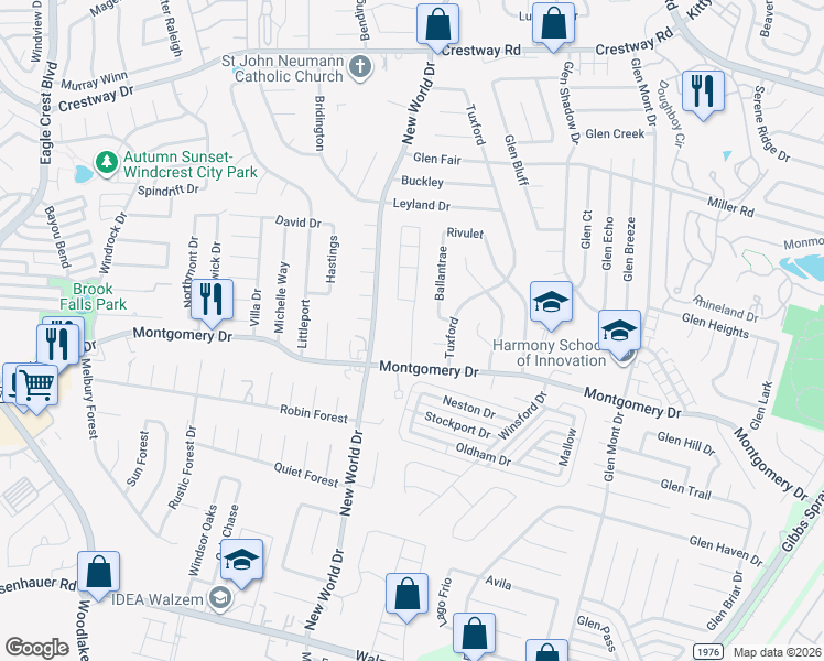 map of restaurants, bars, coffee shops, grocery stores, and more near 8250 Montgomery Oak in San Antonio