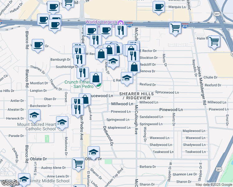 map of restaurants, bars, coffee shops, grocery stores, and more near 223 Sprucewood Lane in San Antonio