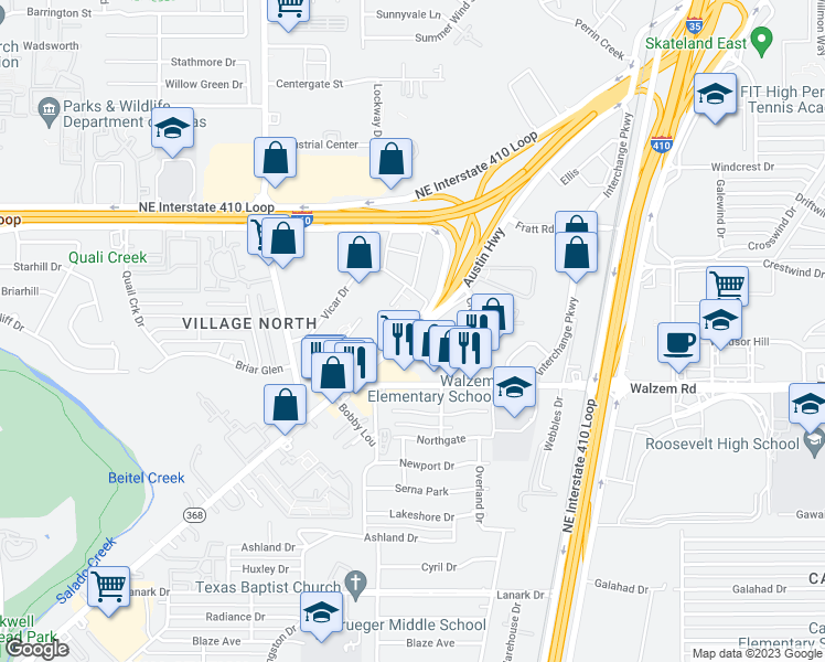 map of restaurants, bars, coffee shops, grocery stores, and more near 2709 Austin Hwy in San Antonio
