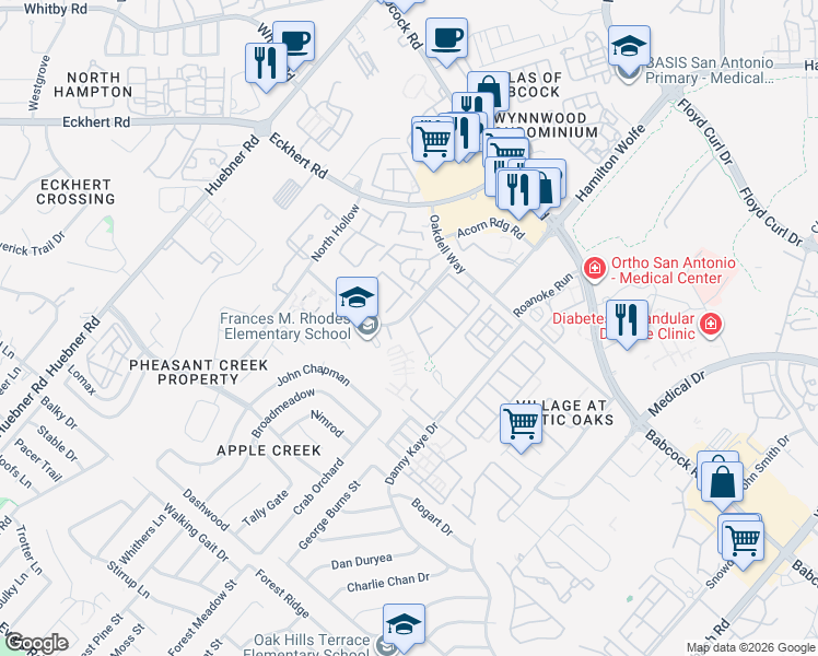 map of restaurants, bars, coffee shops, grocery stores, and more near 5735 North Knoll in San Antonio