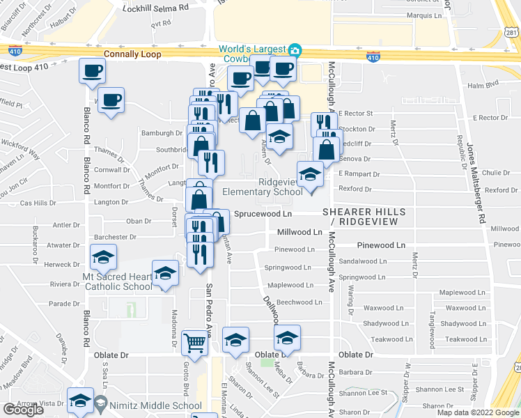 map of restaurants, bars, coffee shops, grocery stores, and more near 159 Sprucewood Lane in San Antonio
