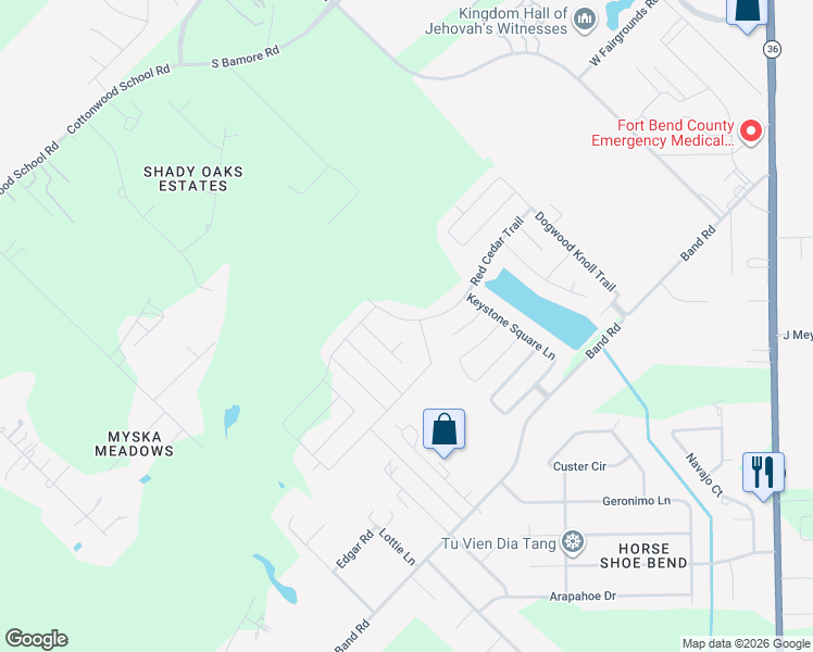 map of restaurants, bars, coffee shops, grocery stores, and more near 2135 Red Cedar Trail in Rosenberg