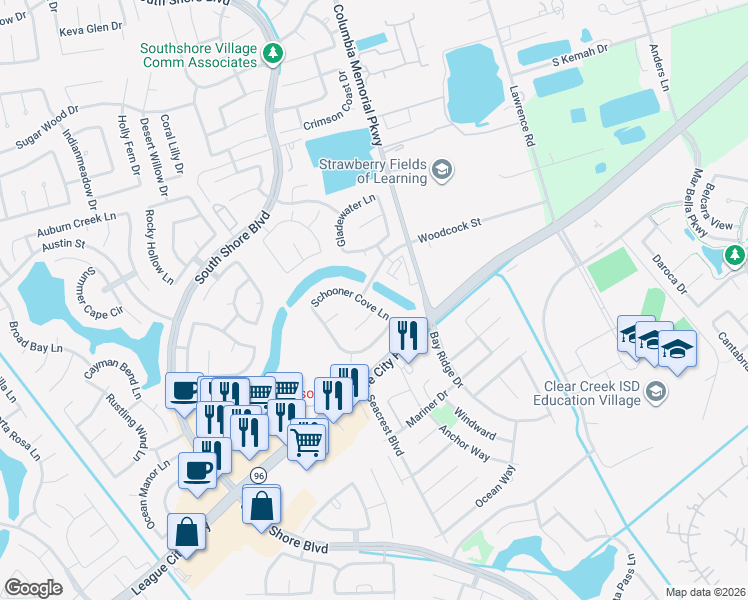 map of restaurants, bars, coffee shops, grocery stores, and more near 908 Schooner Cove Lane in League City