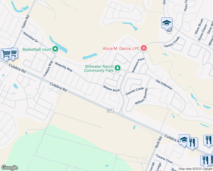 map of restaurants, bars, coffee shops, grocery stores, and more near 12635 Alamito Creek in San Antonio