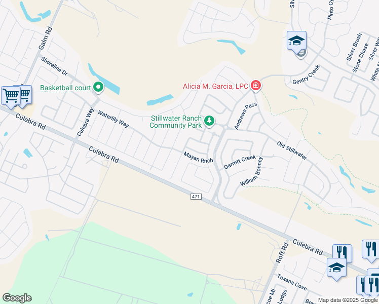 map of restaurants, bars, coffee shops, grocery stores, and more near 12635 Alamito Creek in San Antonio