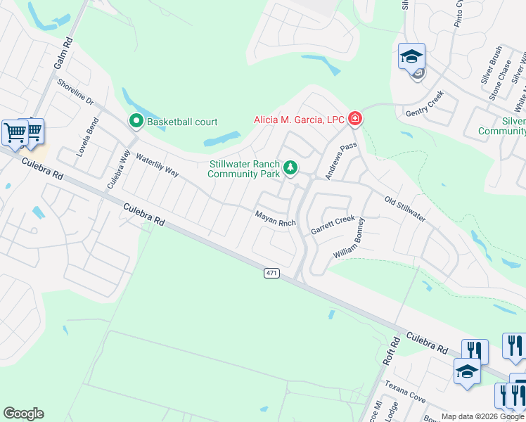 map of restaurants, bars, coffee shops, grocery stores, and more near 12635 Alamito Creek in San Antonio
