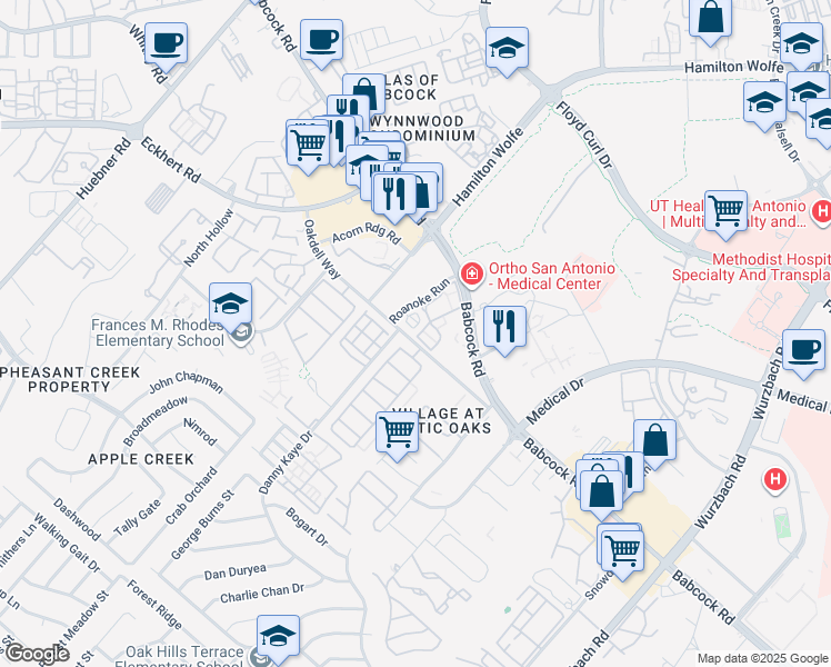 map of restaurants, bars, coffee shops, grocery stores, and more near 7914 Roanoke Run in San Antonio