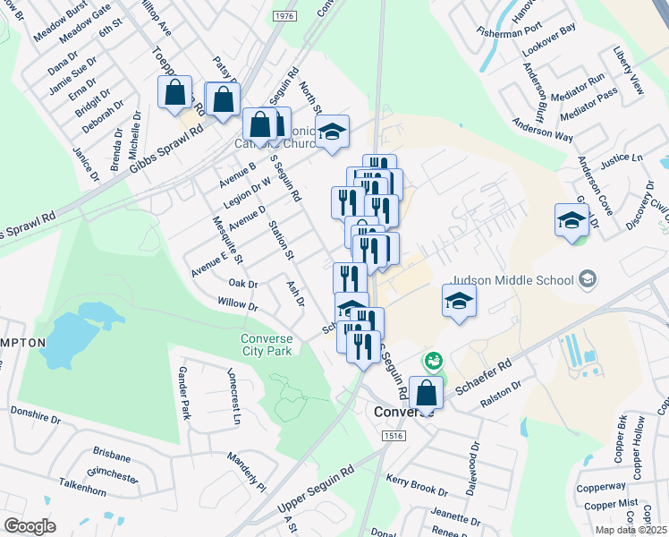 map of restaurants, bars, coffee shops, grocery stores, and more near 709 South Seguin Road in Converse