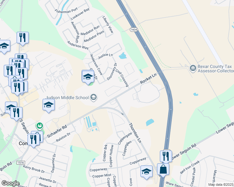 map of restaurants, bars, coffee shops, grocery stores, and more near 9634 Legislation Drive in Converse