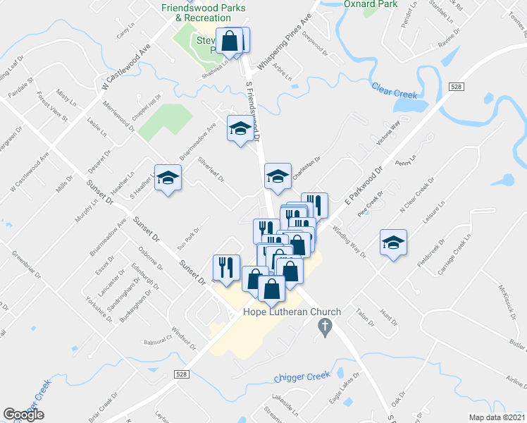map of restaurants, bars, coffee shops, grocery stores, and more near 1408 South Friendswood Drive in Friendswood
