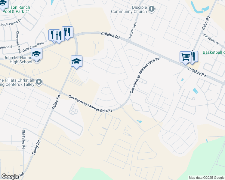 map of restaurants, bars, coffee shops, grocery stores, and more near 7906 Waterford Path in San Antonio